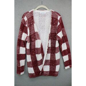 Foxcroft Burgundy White Open Front Cardigan-Size Medium-Picnic Plaid